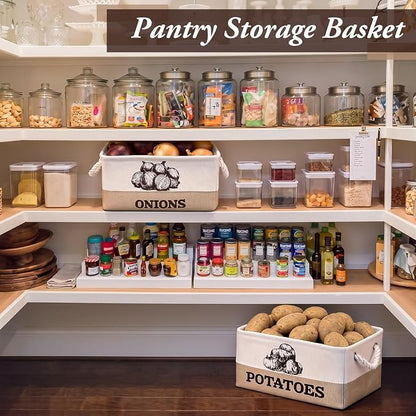 Marsui 2 Pcs Potato and Onion Storage Baskets with Handles, Foldable Kitchen Vegetable Storage Bins, Rustic Countertop Pantry Organizer for Potatoes, Onions, Fruit, Vegetables