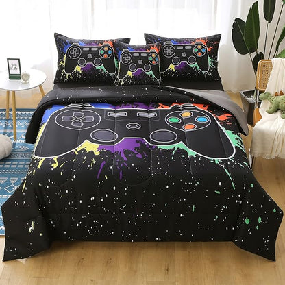 JQinHome Queen Gamer Comforter Sets for Boys&Girls,6 Piece Bed in A Bag 3D Video Game Bedding -All Season Microfiber Gamer Bedding Sets for Kids, with Pillowcase, Flat & Fitted Sheet,Cushion Cover