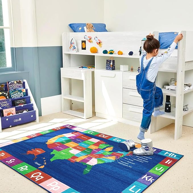 LIVEBOX USA Map ABC Baby Play Mat for Kids Room, 3x5 Ft Alphabet Washable Classroom Rug, Kids Playroom Rug for Educational, Non-Slip Baby Crawling Mat for Nursery Room, Toddlers Room