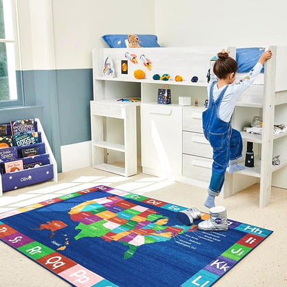 LIVEBOX USA Map ABC Baby Play Mat for Kids Room, 3x5 Ft Alphabet Washable Classroom Rug, Kids Playroom Rug for Educational, Non-Slip Baby Crawling Mat for Nursery Room, Toddlers Room