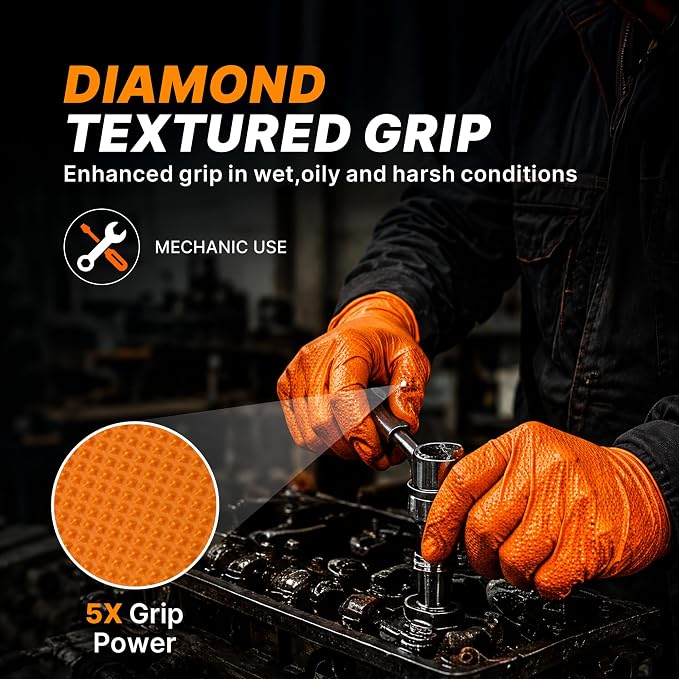 TitanFlex Heavy Duty Industrial Orange Nitrile Gloves, 8-mil, Gloves Disposable Latex Free with Raised Diamond Texture Grip, Powder Free, Rubber Glove, Mechanic Gloves,100-ct Box (Large)