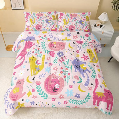 Floral Cat Comforter Full Size,Pink Cat Comforter Set for Kids Teens Girls,3Pcs Bedding Set Printed Comforter with 2 Pillowcases,Down Alternative,Soft and Lightweight(Pink，Full Size)