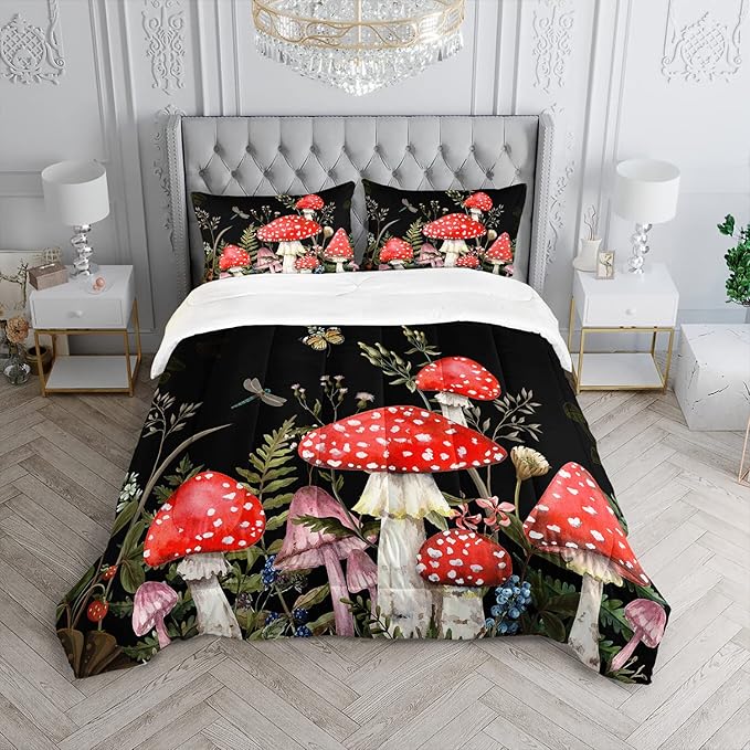 Red Mushroom Kawaii Comforter Set Queen Size Kids Mushroom Dragonfly Bedding Set Botanical Plant Theme Print Quilt Bed Set for Boys Girls Adults with 1 Comforter and 2 Pillowcases