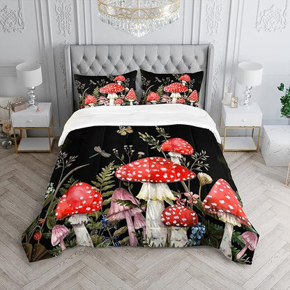 Red Mushroom Kawaii Comforter Set Queen Size Kids Mushroom Dragonfly Bedding Set Botanical Plant Theme Print Quilt Bed Set for Boys Girls Adults with 1 Comforter and 2 Pillowcases