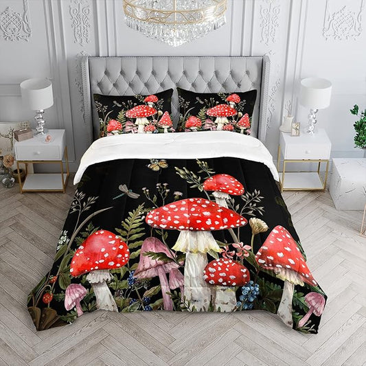 Red Mushroom Kawaii Comforter Set Queen Size Kids Mushroom Dragonfly Bedding Set Botanical Plant Theme Print Quilt Bed Set for Boys Girls Adults with 1 Comforter and 2 Pillowcases