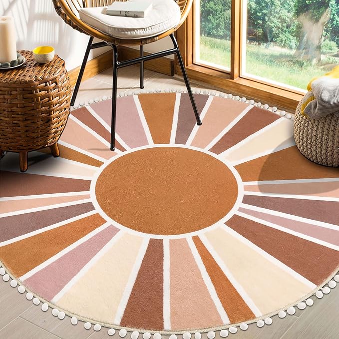 Topotdor Boho Round Area Rug 4ft Sun Rainbow Nursery Rugs for Kids Room, Washable Ultra Soft Circle Area Rug with Pom Poms, Non-Slip Accent Throw Rugs for Bedroom Entryway Living Room Decor