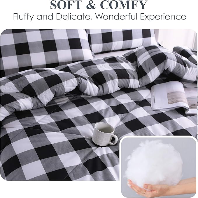 Andency Black Plaid Comforter Set Twin Size (66x90 Inch), 2 Pieces (1 Gingham Comforter and 1 Pillowcase), Summer Lightweight Microfiber Buffalo Check Down Alternative Comforter Set for Kids Boys