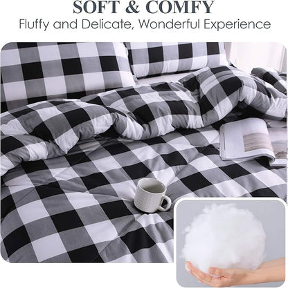 Andency Black Plaid Comforter Set Queen Size (90x90 Inch), 3 Pieces (1 Gingham Comforter and 2 Pillowcases), Summer Lightweight Microfiber Buffalo Check Down Alternative Comforter Set