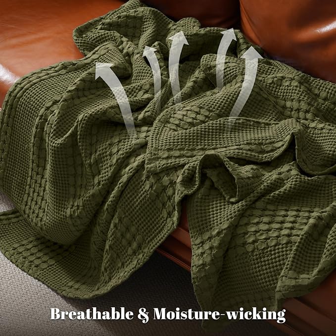 PHF 100% Cotton Waffle Weave Blanket King Size, Soft Lightweight Breathable Cozy Summer Blankets for Bed, Luxury Aesthetic Woven Bedding for Home Decor, 108"x90", Capulet Olive