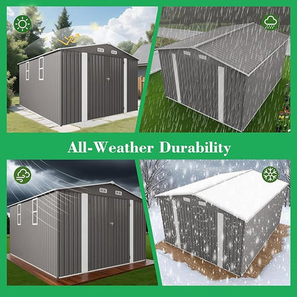 10x12 FT Outdoor Storage Shed, Large Metal Garden Shed with Double Door Two Window Waterproof Tool Shed for Backyard Patio Lawn Poolside, Grey