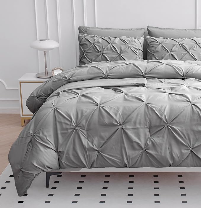 LANE LINEN Twin XL Comforter Set, 5 Piece Twin XL Bedding Set, Pintuck Twin XL Bed in a Bag, Twin XL Bed Set, Twin XL Bed Comforter Set with Sheets, Pillowcase & Sham, Bedding Comforter Sets - Silver