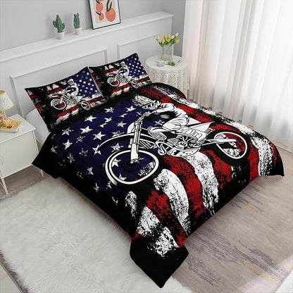 Axolotl Dirt Bike Comforter Set Twin,American Flag Bedding Set,Motocross Comforter Set,White Red Stripes Stars Comforter Set,Motorcycle Racer Comforter for Boys Kids Teens Men,1 Quilt 2 Pillowcases