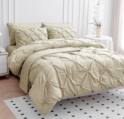 LANE LINEN Twin Comforter Set, 5 Piece Twin Size Bed in a Bag Sets, Pintuck Bedding Sets & Collections with Down Alternative Comforter, Sheets, Pillowcases & Shams, Ultra Soft Twin Bed Set - Linen