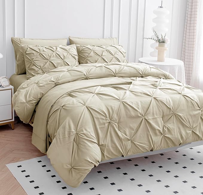 LANE LINEN King Comforter Set, 7 Piece King Size Bedding Set, Pintuck King Size Comforter Set with Sheets, Pillowcases & Shams, Soft King Bed in a Bag Set, King Size Bedding Set, King Bed Set - Linen