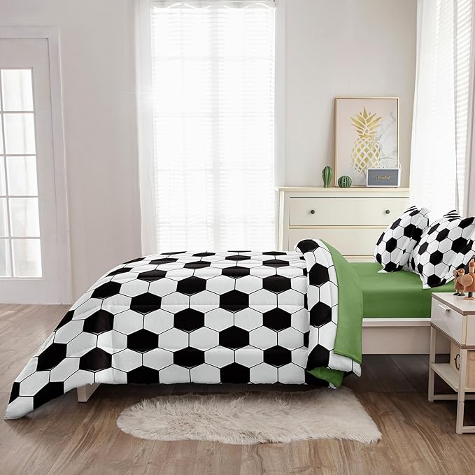 Soccer Comforter Set Twin for Boys Girls, 4 Pieces Soccer Bedding Twin Bed in a Bag Set with Sheets, Black and White Bed Sets for Teenage