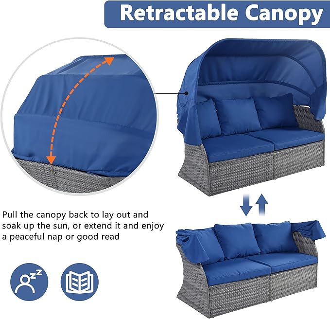 Rectangle Furniture Daybed Sunbed with Retractable Canopy, Outdoor Wicker Conversation Set with Cushions for Patio, Backyard, Porch, Garden, Onesize, Bb-Blue