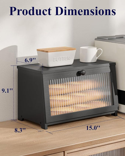 Kitsure Wooden Bread Box for Kitchen Countertop, 1-Tier, Black | Large Capacity Kitchen Countertop Organizer, Stylish Bread Storage with Window, Multi-functional Container