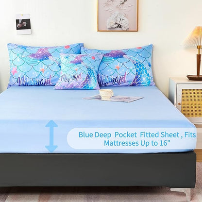 RYNGHIPY 6Pcs Mermaid Tail Comforter Set for Teens Girls Women, Mermaid Fish Scale Bed in a Bag Full Size, Sparkle Teal Purple Rainbow Bedroom Decor Bedding Set