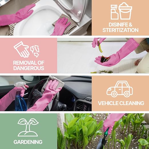 DABOGOSA Mamison 2 Pairs Reusable Waterproof Household Dishwashing Cleaning Rubber Gloves, Non-Slip Kitchen Glove (Pink, Large (Pack of 2))
