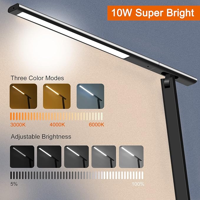 AFROG 8 in1 Multifunctional LED Desk Lamp with 10W Fast Wireless Charger,USB Charging Port, Night Light, 1200Lux Super Bright, 3 Lighting Mode, 5 Brightness,30/60 Min Timer, 12W Office Table Lamp