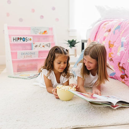 Wildkin Kids Canvas Sling Bookshelf for Boys and Girls, Wooden Design Features Four Fabric Shelves, Keep Bedrooms, Playrooms, and Classrooms Organized, Measures 25 x 24 x 11 Inches (White w/ Pink)