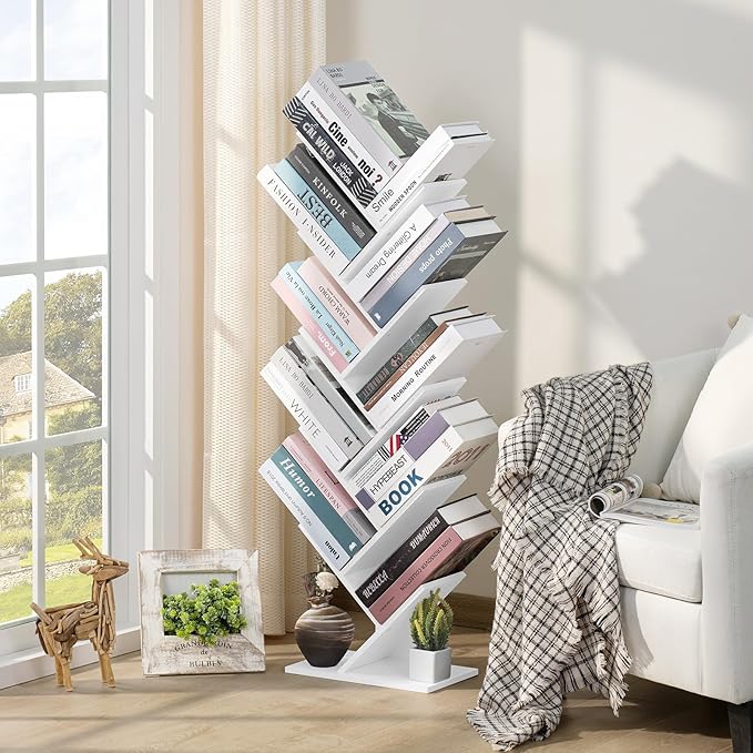 10 Tier Tree Book Shelf, Floor Standing Wood Bookshelf for Narrow Space, Storage Organizer Bookshelves for Books/CDs/Magazine, Bookcase with Shelves for Home Office, Living Room - White
