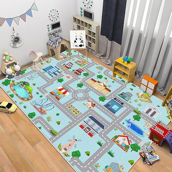 Kids Car Rug, 6x9 City Life Traffic Road Playmat for Toy Cars Trains, Non-Slip Race Track Carpet Educational Fun Area Rugs for Boy and Girl Bedroom Nursery