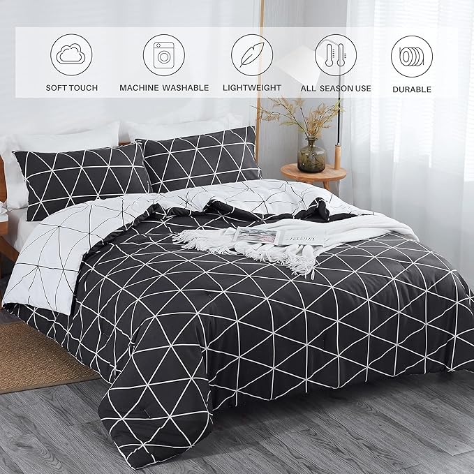 Black & White Comforter Bed in a Bag Queen for Kids Adults, 3Pcs Reversible Geometric Bedding Set with 2 Pillow Shams for All Seasons (Queen,90x90inches)