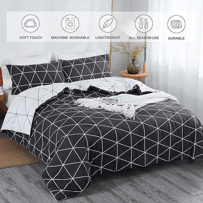 Black & White Comforter Bed in a Bag King for Kids Adults, 3Pcs Reversible Geometric Bedding Set with 2 Pillow Shams for All Seasons (King,104x90inches)