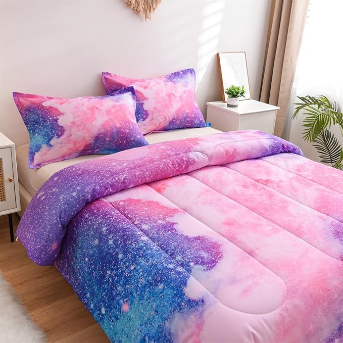 A Nice Night Galaxy Bedding Sets Outer Space Comforter 3D Printed Space Quilt Set King Size Glitter Pink Color,for Children Boy Girl Teen Kids