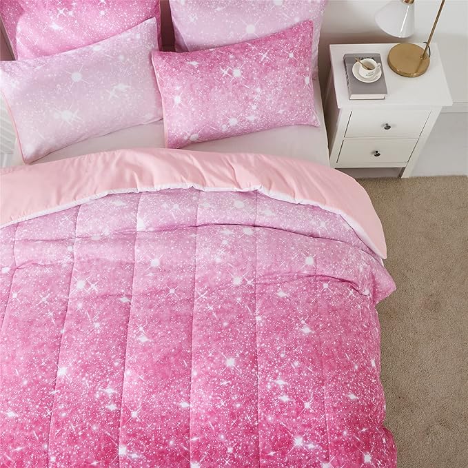 Pink Glitter Comforter Twin Size for Girls, Sparkle Galaxy Twinkle Starlight Comforter for Kids Teen,2 Piece Pink Ombre Pastel Bedding Set with 1 Pillow Case(Pink)