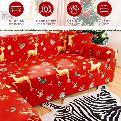 Mybedsoul Christmas Printed Red Sofa Cover Reindeer Printed Elastic Couch Cover Machine Washable Christmas Theme Red Sofa Slipcover for Living Room(2 Seater/Loveseat)