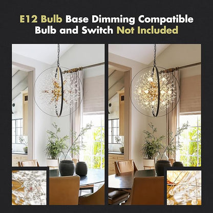 Modern Crystal Chandeliers Firework, 23.2'' Black Gold 12-Light Globe Dandelion Sputnik Chandelier, Hanging Pendant Lighting Fixture for Dining Room, Bedroom, Kitchen, Entryway, Foyer