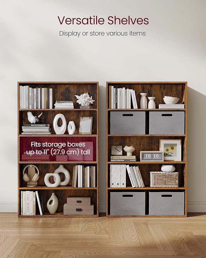 VASAGLE Bookshelf, 31.5 Inches Wide, 5-Tier Open Bookcase with Adjustable Storage Shelves, Floor Standing Unit, Rustic Brown ULBC175X01
