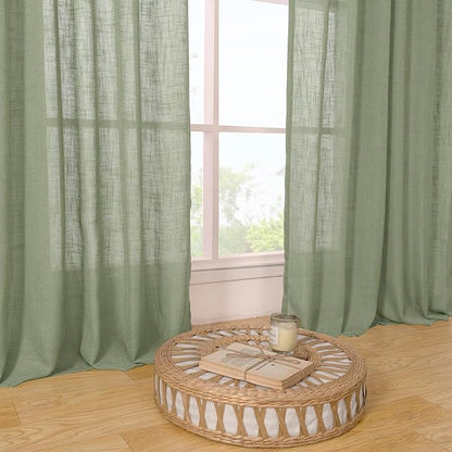 LAMIT Semi Sheer Linen Curtains 54 Inch Long 2 Panels, Sage Green Light Filtering Panels Bronze Grommet Linen Textured Christams Window Drapes for Kitchen/Windows/Bedroom, 52 x 54 Inch