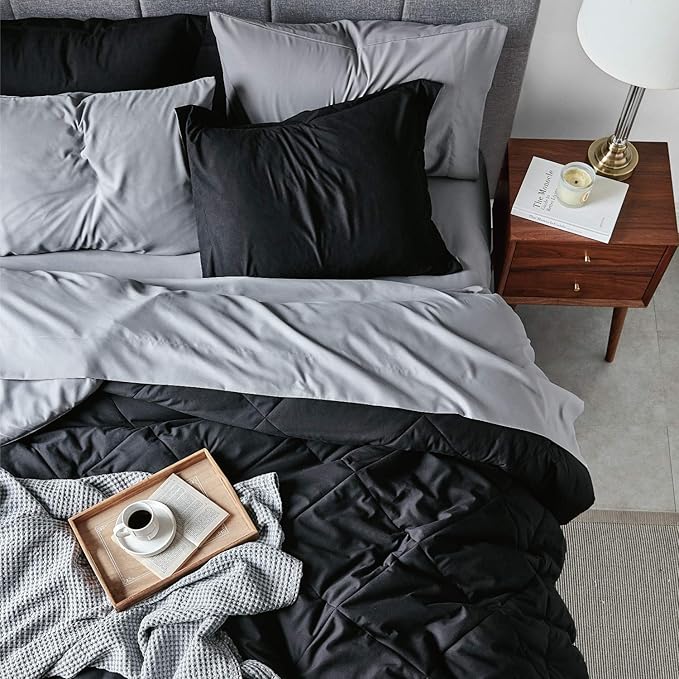 Bedsure Black California King 7 Pieces Reversible Bed Set Bed in a Bag with Comforters, Sheets, Pillowcases & Shams, Bedding Sets