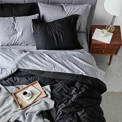 Bedsure Black Comforter Set King - 7 Pieces Reversible Black Bed Set King, Black Bedding Set King with Comforters, Sheets, Pillowcases & Shams, King Size Black Bed in a Bag