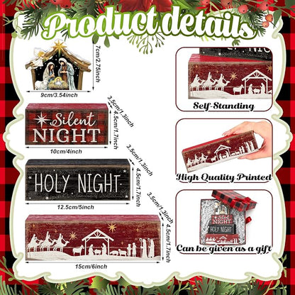 Moucuny 4 Pcs Christmas Table Decor Wooden Christian Religious Decoration Nativity Scene Centerpiece Holy Night Tiered Tray Decor Red and Black Buffalo Plaid Block Signs Xmas Decoration for Kitchen