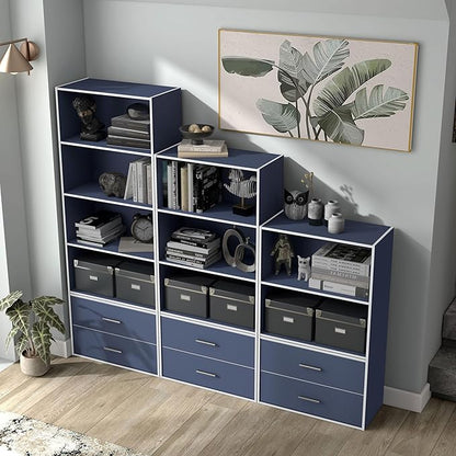Apexa 3-Tier Cube Storage Organizer Shelves, Stackable Wood Bookcase Fits Cubby Bins for Organization, Dorm Teen Room Decor & Home Office, Steel Blue