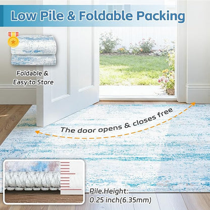 10x14 Washable Area Rug for Living Room Bedroom: Non-Slip Modern Light Blue | Machine Washable TPR Backing, Stain-Resistant Low Pile, Pet & Kid Friendly, Abstract Decor for Dining Room, Dorm, Home Office