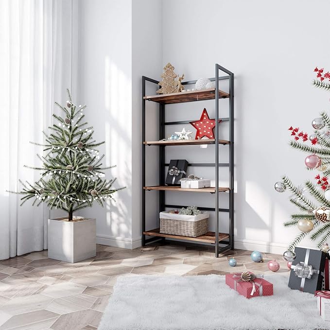 VASAGLE Industrial Bookshelf, Folding Bookcase, 4-Tier Ladder Shelf, Wood Look Accent Furniture with Metal Frame, for Home Office Sturdy and Stable ULLS88X