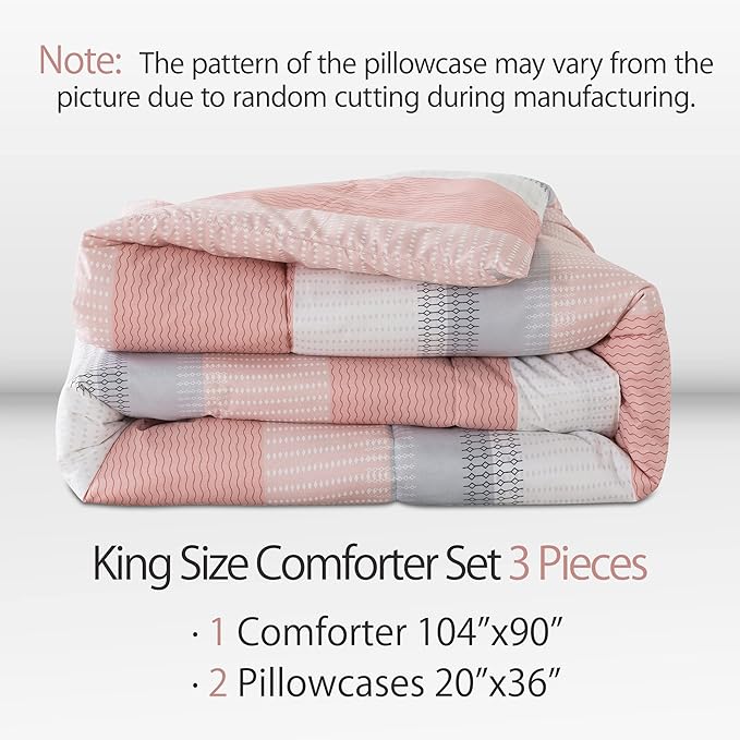 Andency Stripe Comforter Set King Size (104x90 Inch), 3 Pieces Pink Patchwork Striped Comforter, Soft Microfiber Down Alternative Comforter Bedding Set with Corner Loops