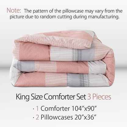 Andency Stripe Comforter Set King Size (104x90 Inch), 3 Pieces Pink Patchwork Striped Comforter, Soft Microfiber Down Alternative Comforter Bedding Set with Corner Loops