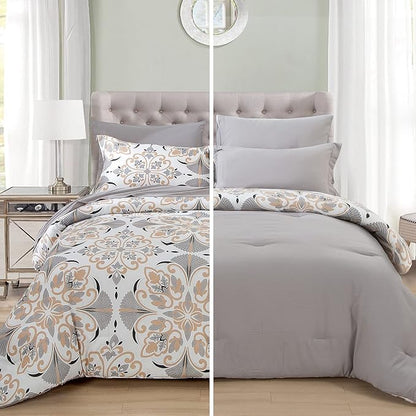 EMME Queen Comforter Set - Grey White Floral Bedding Set 7 PCS with Geometric Flowers Pattern, Soft Plant Printed Botanical Bed Set with Sheets, Fluffy Bed Bag for All Season(90"X90")