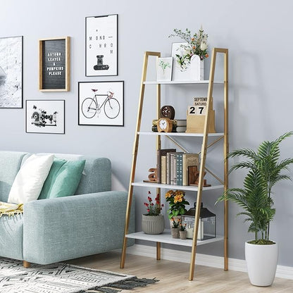 finetones Bookshelf 4 Tier, Wood Bookcase with Metal Frame, Open Display Storage Ladder Shelf, Plant Flower Stand Storage Rack for Home Office White/Gold
