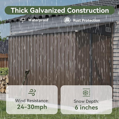 7'x5.5' Lean to Shed Large Storage Room Galvanized Steel Storage Sheds with Side Door Waterproof Utility Shed with Sloped Roof for Mower, Bike, Garden Tools (Brown)
