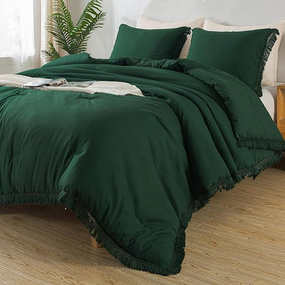 Andency Dark Emerald Green Comforter Set Queen, 3 Pieces Boho Lightweight Soft Forest Bedding Comforters & Sets, All Season Fluffy Bed Set (90x90In Comforter & 2 Pillowcases)
