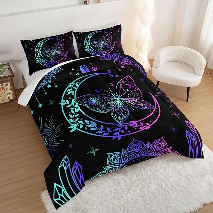 HOSIMA Butterfly Comforter Set 3Piece with 2 Pillowcases,Black Comforter Butterfly Aesthetics Room Decor,Boho Mandala Comforter Butterfly Bedding Set for Girls,Bohemian Full Size Bed in a Bag Set.