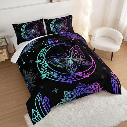 HOSIMA Butterfly Comforter Set 3Piece with 2 Pillowcases,Black Comforter Butterfly Aesthetics Room Decor,Boho Mandala Comforter Butterfly Bedding Set for Girls,Bohemian Full Size Bed in a Bag Set.
