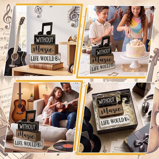 Moucuny 4 Pcs Music Notes Decor Wooden Centerpiece Musicical Party Decoration Musical Notes Theme Tiered Tray Table Signs, Farmhouse Wood Book Stack Decor Office Accessories for Music Home Room Gift